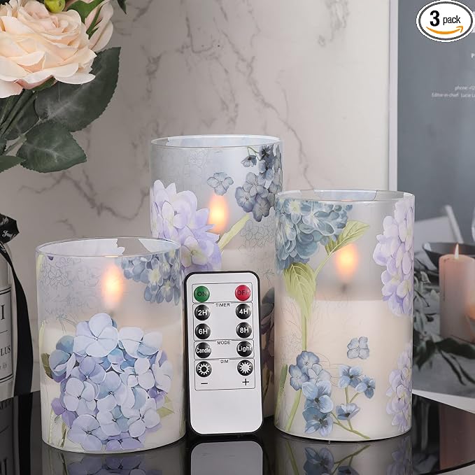 Hydrangea Glass Flameless Candles Batttery Operated Remote Timer | LED by DRomance