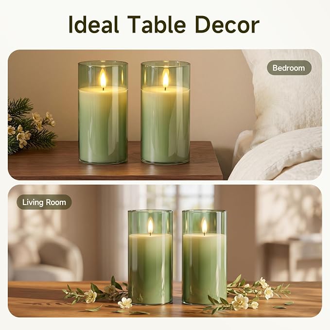 Homemory Sage Green Glass Flameless Candles, Real Wax, Remote Timer, 2 Pack | - Image 6