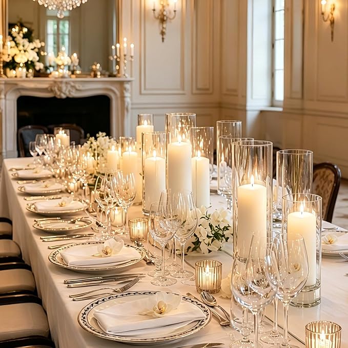 24 PCS Ivory White Pillar Candles and Glass Cylinder Vases Hurricane Glass - Image 8