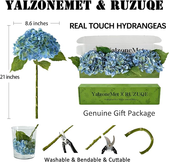 YalzoneMet 3 Pcs Blue/Green Hydrangea Artificial Flowers 21'' Real Touch Latex - Image 4