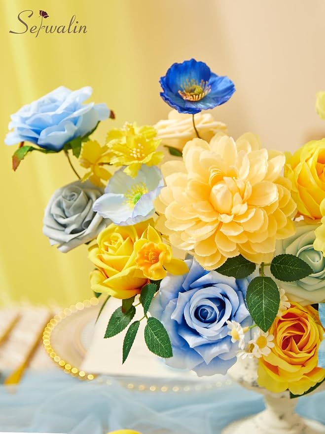 Serwalin Artificial Flowers Blue & Yellow Silk Flowers - Image 5