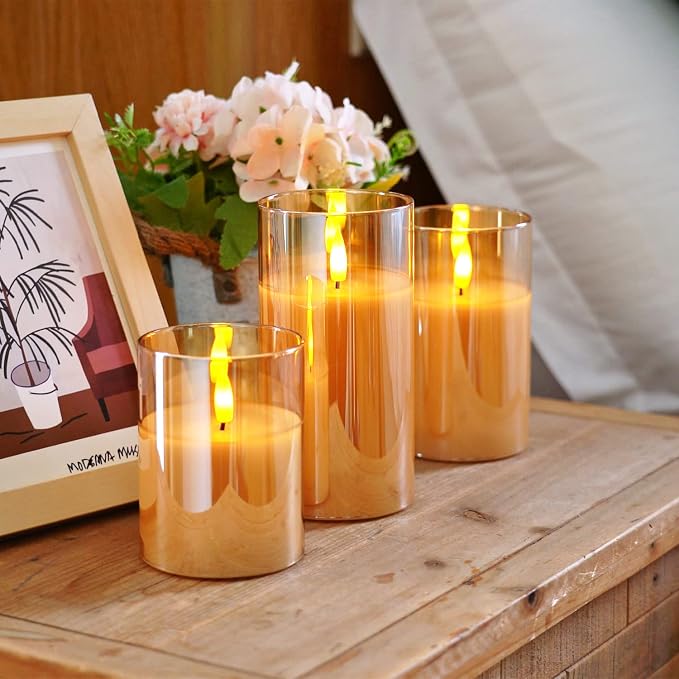 Homemory Amber Glass Flameless Candles, Real Wax, Remote Timer, 3 Pack | - Image 3