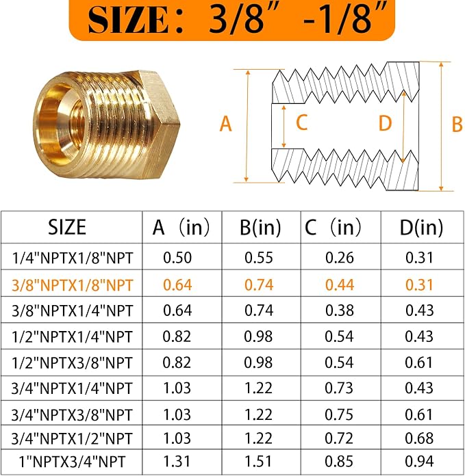 2 Pcs Brass Bushing 3/8" Male to 1/8" Female, 3/8" to 1/8" NPT Adapter Hex - Image 2