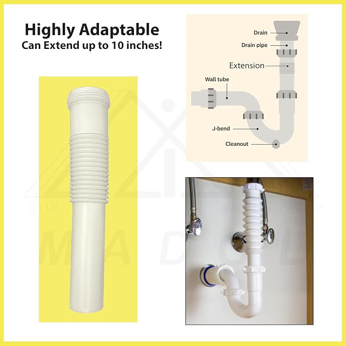 Plastic Drain Extension, 1-1/4 inch x 8 inch White Flexible tube - Image 4