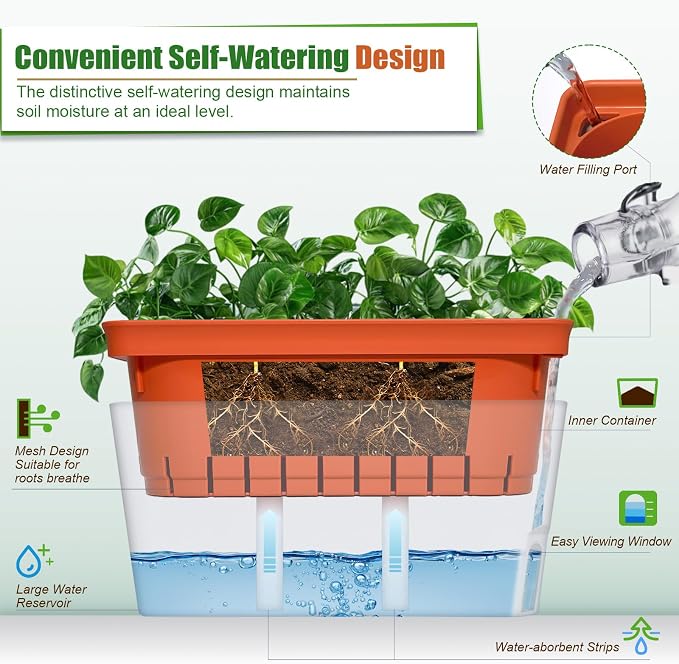 OurWarm Windowsill Herb Planter Box Indoor Set of 3, 10.5 Inch Self Watering - Image 2