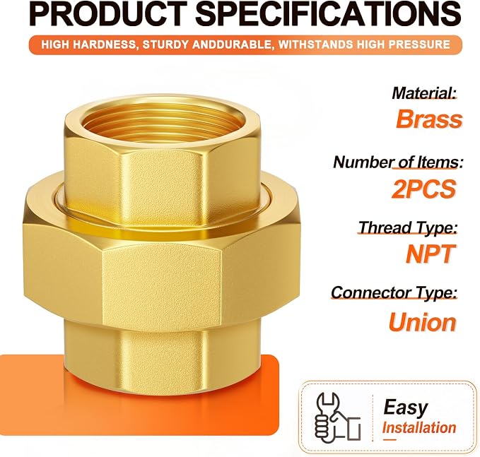 GASHER 2PCS 1-1/2"FNPT Brass Union Pipe Fitting | 1-1/2 InchNPT Female x 1-1/2 - Image 2