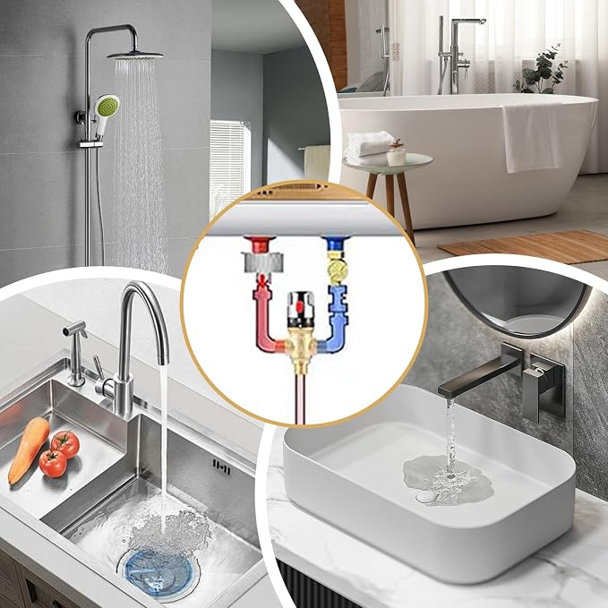 Water Mixing Valve, Thermostatic Mixing Valve 3-Way Adjustable Brass 1/2" Water - Image 3