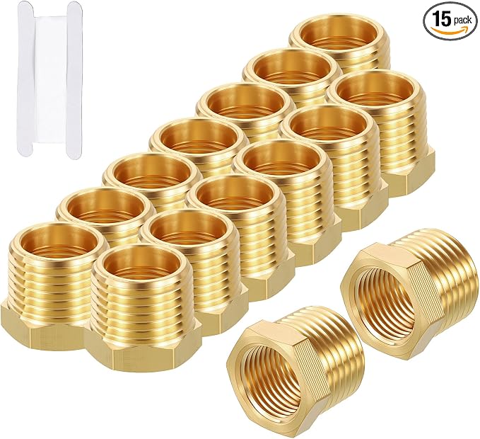 15 Pack Male to FeMale Adapters, 1/2" Male NPT x 3/8" FeMale NPT Brass Hex by Rebower
