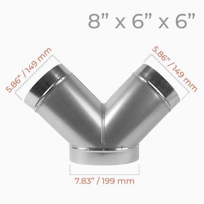 45° Degree Ø8 x 6 x 6 Inch Y Shape Duct Splitter - Image 2