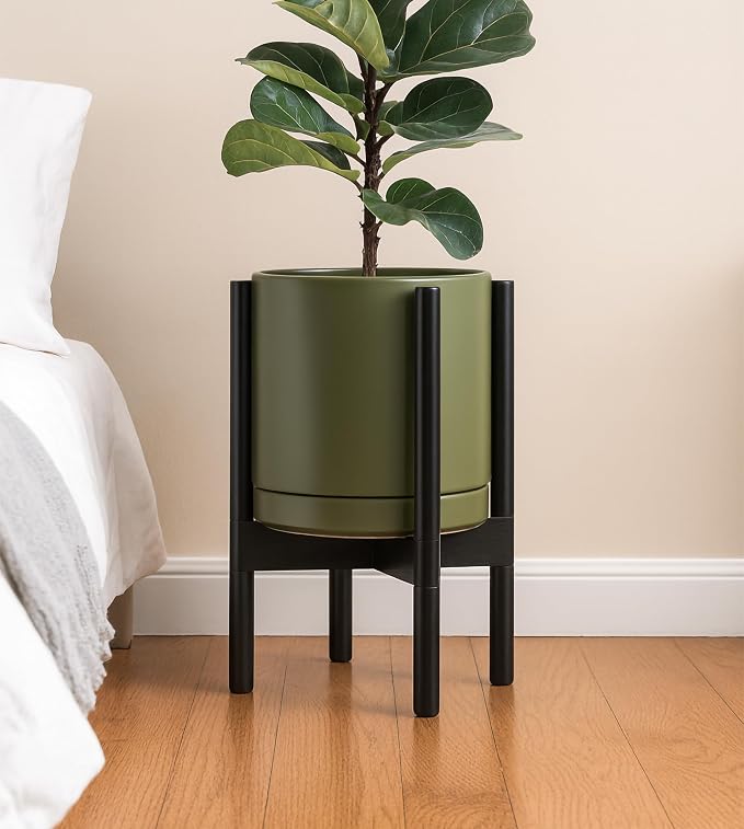 D'vine Dev Ceramic Pot with Ebony Wood Stand, 10 in, 55-B-L-J | Mid-Century - Image 4