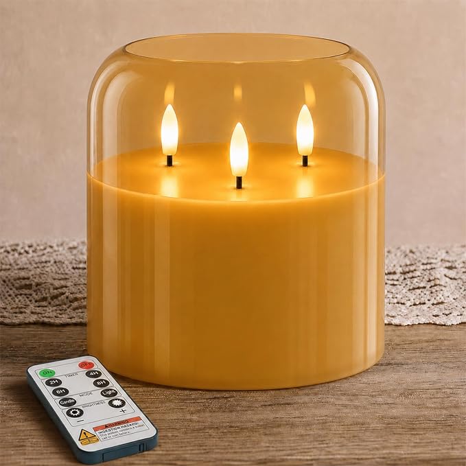 Homemory Amber Large Glass Flameless LED Candle, 3 Wicks, Remote Timer | 6"x6" by Homemory