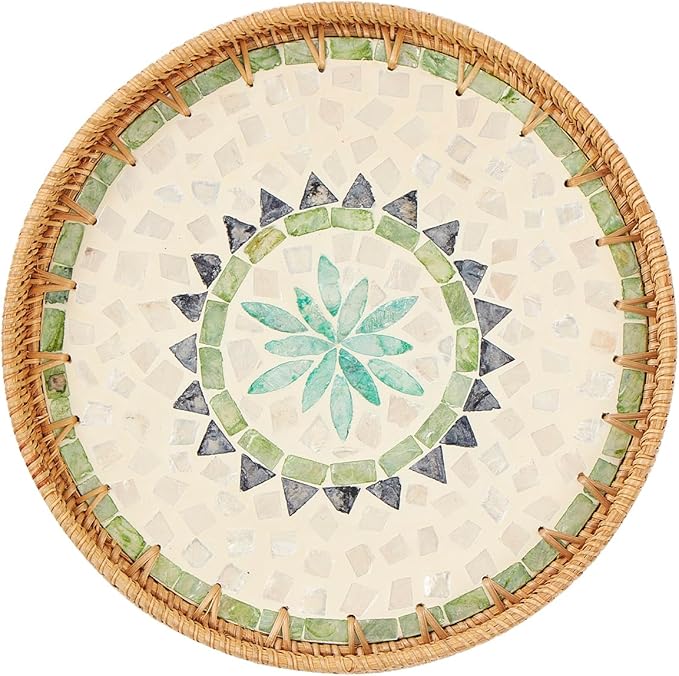 Kmelep Round Rattan Tray with Mother of Pearl Inlay, Rattan Serving Tray with by Kmelep