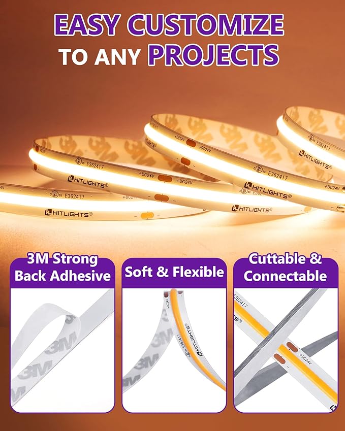 HitLights COB LED Strip Lights Warm White 2700K, 16.4ft 24V Tape, UL Listed | - Image 6