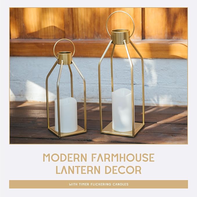 HPC Decor Modern Farmhouse Lantern Decor- Gold Metal Candle Lanterns - Image 5
