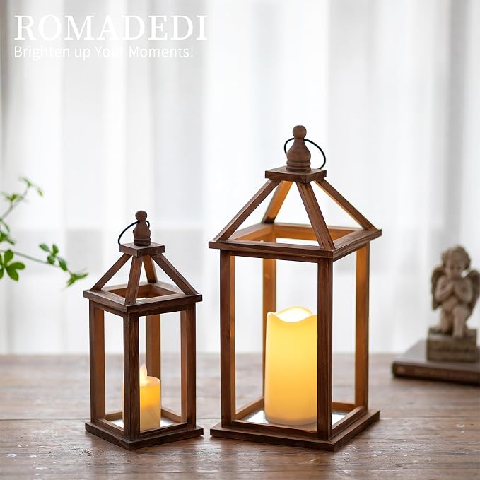 Romadedi Wood Candle Lantern Decorative, Rustic Decor Set of 2 | Farmhouse - Image 4