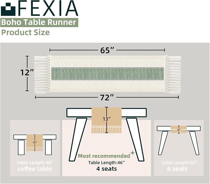Boho Table Runner for Home Decor 12x72 Sage Green Fall Decorations | 72 Inches - Image 2