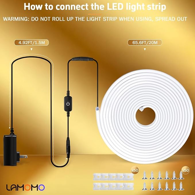 Lamomo Neon Rope Light, 24V Warm White Dimmable Rope Lights, 65.6ft Waterproof - Image 7