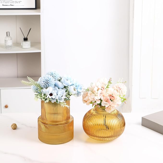 Ribbed Glass Vases, Amber Glass Vase - Image 4