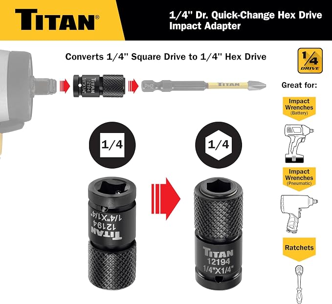 Titan 12194 1/4-Inch to 1/4-Inch Hex Drive Quick-Change Impact Adapter - Image 2