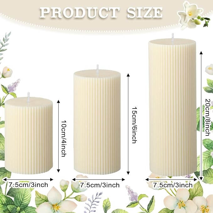 Conelist Ribbed Pillar Candles Set of 3, Width 3" High 4" 6" 8" - Image 2