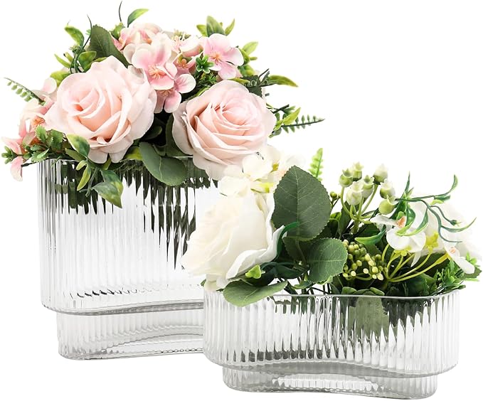 Short Glass Vases, Ribbed Vase for Flowers, Modern Small Vase for Living Room by YANWE