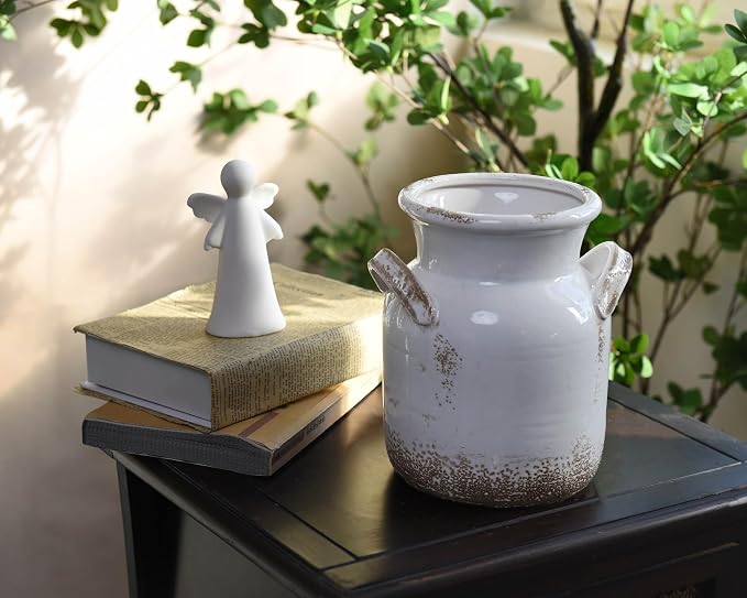Quoowiit Ceramic Rustic Farmhouse Vase, Distressed Decorative Flower Vase - Image 7