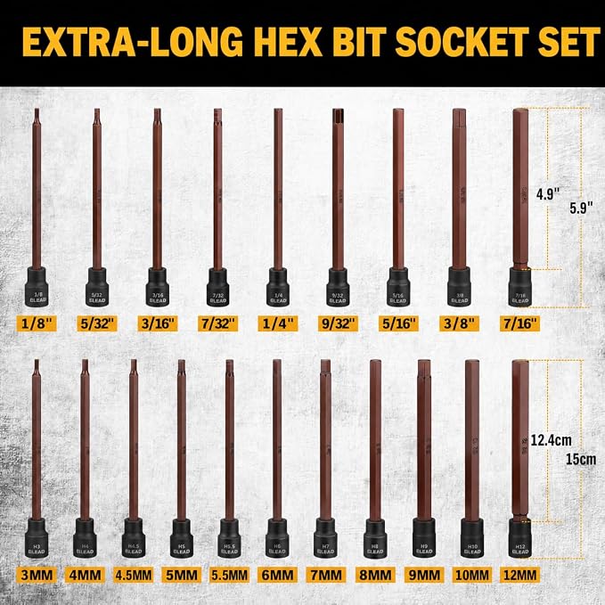 Extra-Long Allen Hex Bit Socket Set: 20-Piece 3/8 Inch Drive, 150mm S2 Steel - Image 2