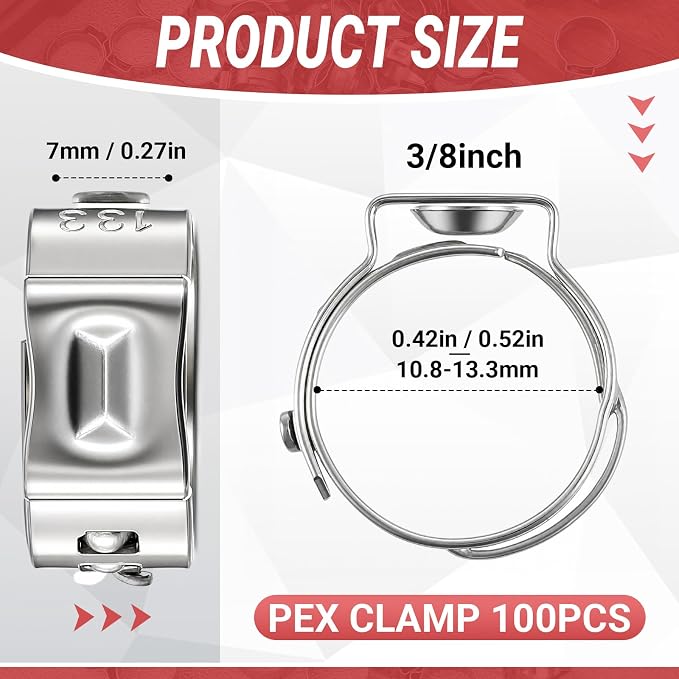 100 Pcs 3/8 Inch Pex Cinch Clamps, 304 Stainless Steel Crimp Rings Single Ear - Image 2