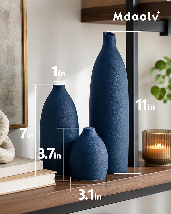 Mdaolv Matte Blue Vase Set Navy Blue Decor Coastal Decor Vases - Image 2