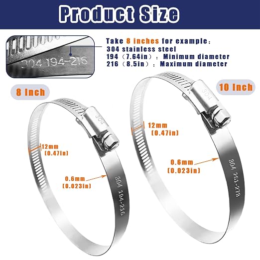 6PCS 304 Stainless Steel Hose Clamp, Adjustable 7.64"-8.5"/194-216mm and - Image 2