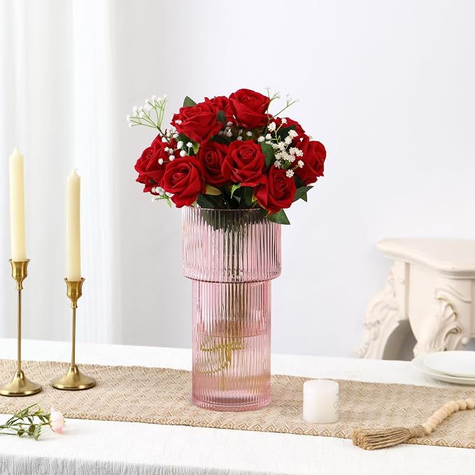 Large Pink Glass Vase, 12 Inches Tall Fluted Vase - Image 2