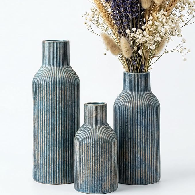 Vintage Blue Ceramic Flower Vases Set of 3, Modern Matte Vertical Ribbed by TrendEcoHome