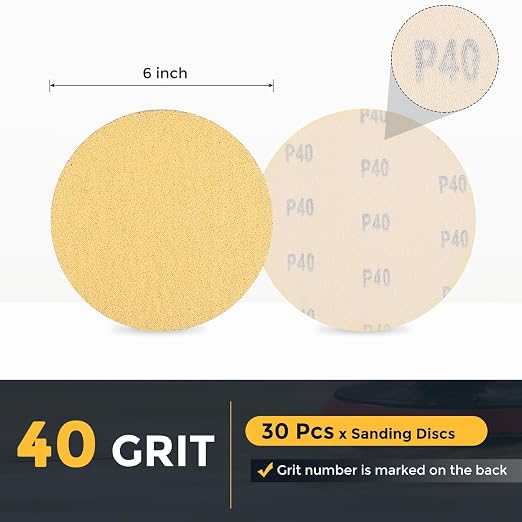 HARFINGTON 30 Pcs 6 Inch Sanding Discs 40 Grit Yellow Aluminum Oxide | Hook and - Image 2