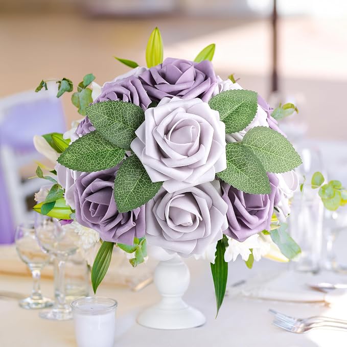 AmyHomie Pale Lavender Rose 25pcs Real Looking Artificial Flowers w/Stem | - Image 4