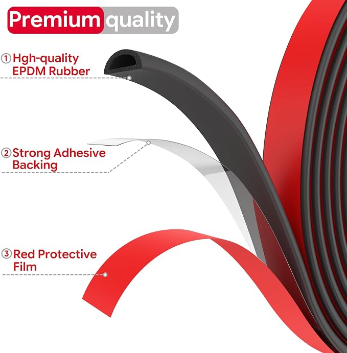 26 Feet Weather Stripping Door Seal Self Adhesive EPDM Foam Rubber Seal Strip - Image 2