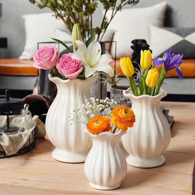 3 Pack White Ceramic Vase Set Small Rustic, 7.9in | Decorative Flower Vases - Image 4