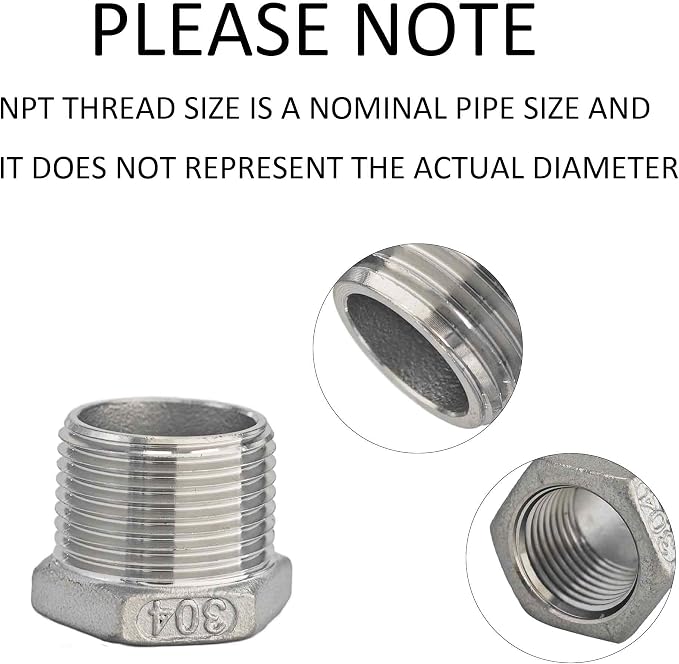 3PCS 304 Stainless Steel Reducer Hex Bushing, 3/4" NPT Male to 1/2" NPT Female - Image 6