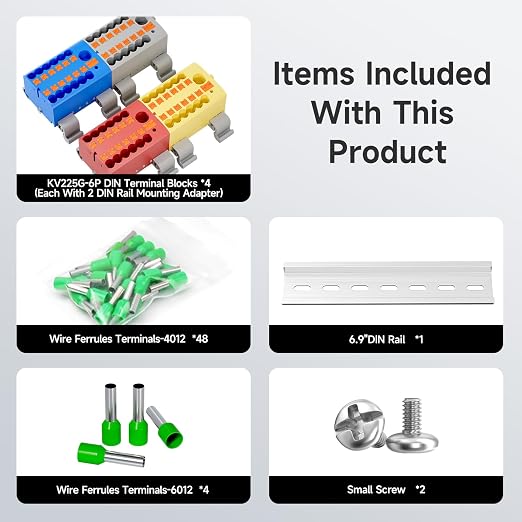 4Pcs KV225G DIN Rail Terminal Blocks, 6-Pole 1 in 12 Out Push-in | 6-Pole 1 in - Image 3