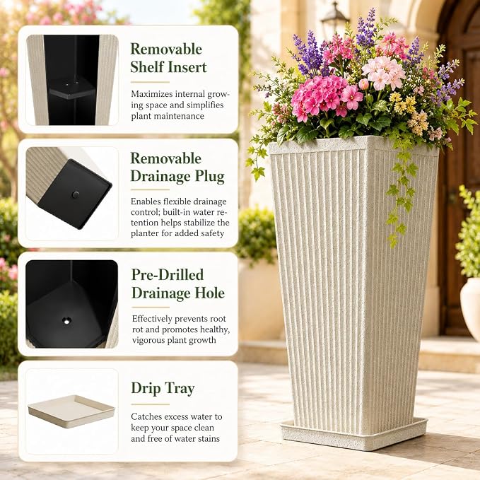 24" Tall Planters for Outdoor Plants Set of 2 Square Fluted, Tall Indoor Flower - Image 3
