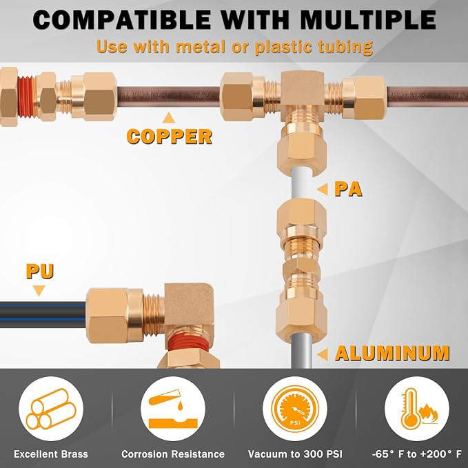 135 Pcs DOT Air Brake Line Fittings, 1/4" 3/8" 1/2" Brass DOT Compression Air - Image 5