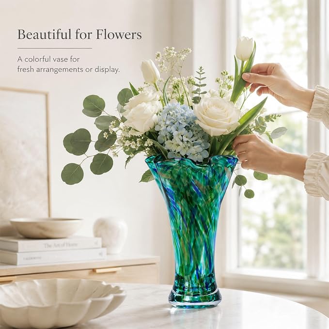 LCCCK 9.0" H Teal Glass Vases for Flower, Unique Hand Blown Glass Vase | Wide - Image 9