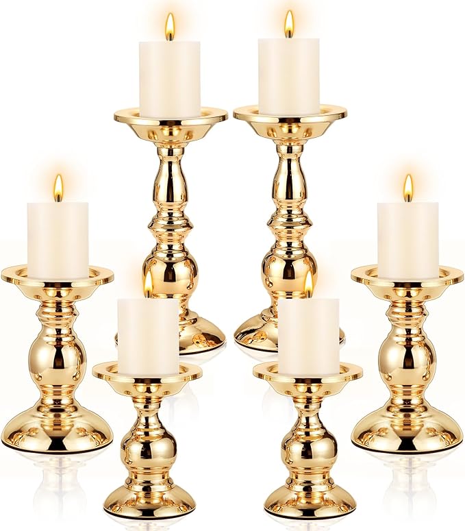 6 Pcs Gold Pillar Candle Holders Metal Candle Holders by Ferrochef