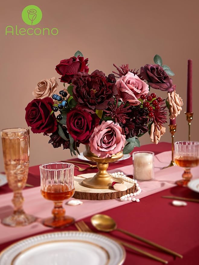 Alecono Burgundy Artificial Flowers, Silk Fake Roses Floral Set | - Image 6