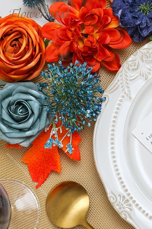 Artificial Flowers Combo Orange Flowers Mix Silk Flowers Dahlia Roses - Image 5