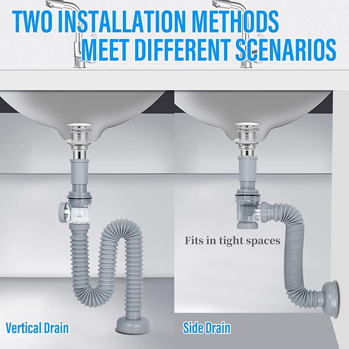 1-1/4" Bathroom Sink Drain, Universal Sink Drain Pipe W/Cleanout, P-Trap - Image 2