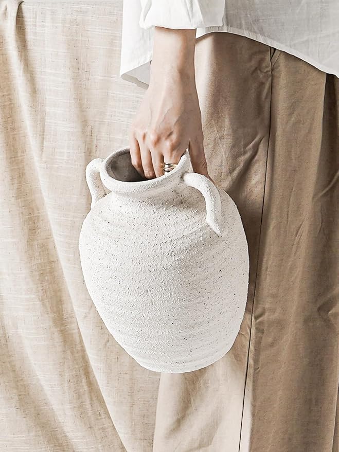 White Ceramic Vase with Handles, Farmhouse Rustic, Gritstone White | Decorative - Image 4