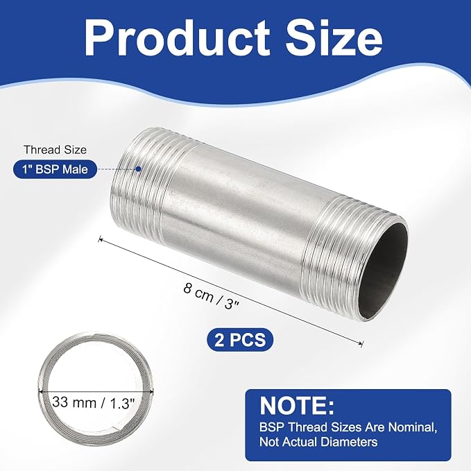 PATIKIL 304 Stainless Steel Pipe Fitting, 2 Pack 1" BSP Male x 1" BSP Male - Image 2