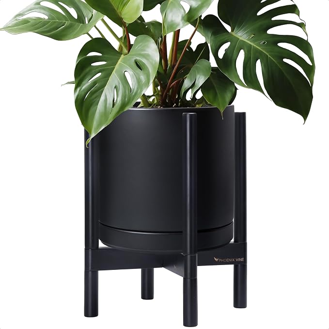 D'vine Dev Ceramic Pot with Ebony Wood Stand, 12 in, 55-B-H-2 | Mid-Century by DvineDevPlanterPotsandStand