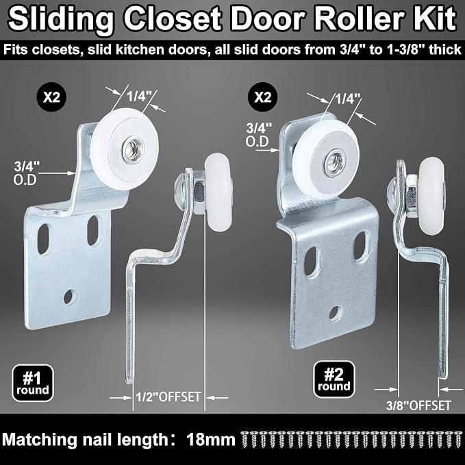 Blulu 4 Set Sliding Closet Door Roller Kit 1/2 Inch and 3/8 Inch Offset Include - Image 2