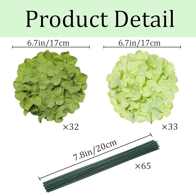 65Pcs Mixed Green Hydrangea Artificial Flowers Bulk，Realistic Silk Fake Flowers - Image 2